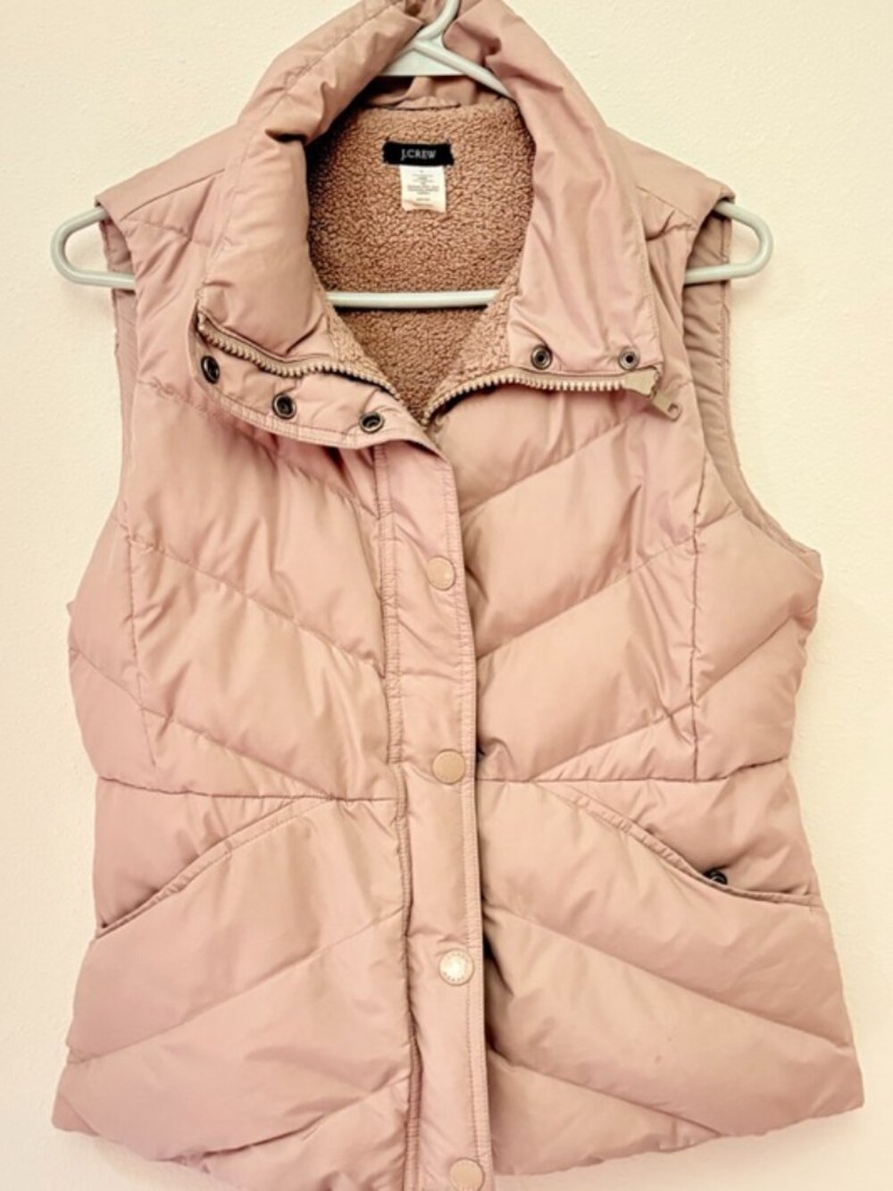 J.Crew Blush Pink Down Puffer Vest Sherpa Lined Women’s Size Small
